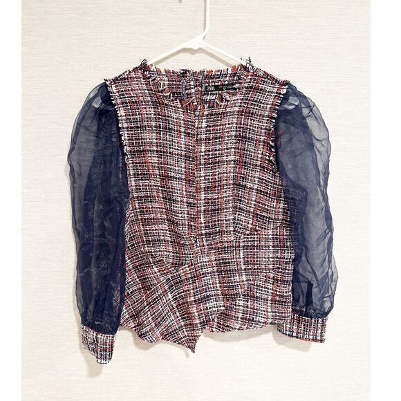 Zara organza tweed sheer puff sleeve raw hem bloggers favorite blouse - Picture 3 of 4